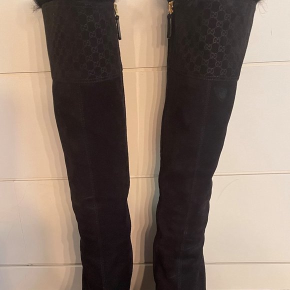 - GUCCI Suede Shearling Fur Microguccissima Courtney Tall Wedge Platform B… - Picture 3 of 8